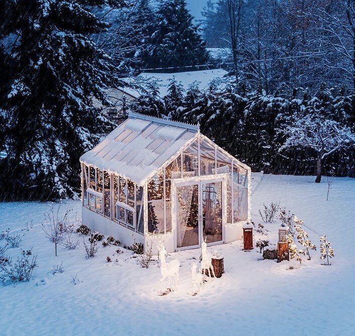 Greenhouse in the snow with lights