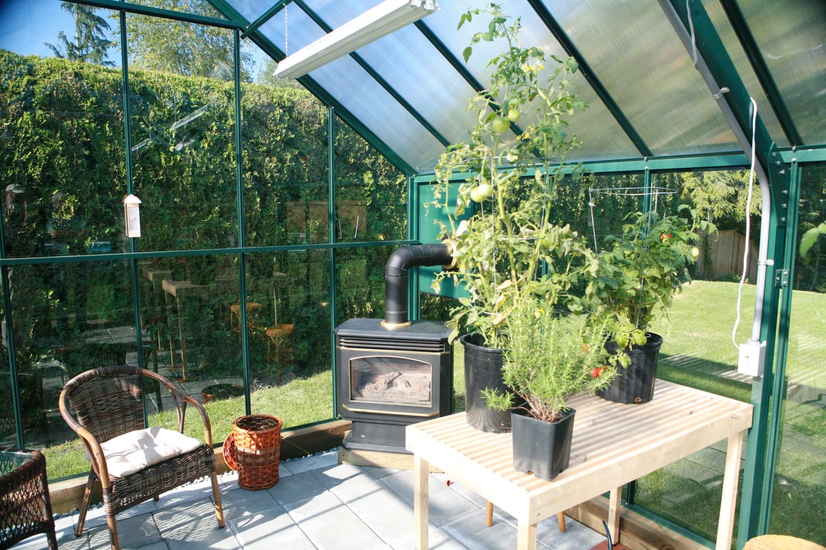 fireplace inside a greenhouse